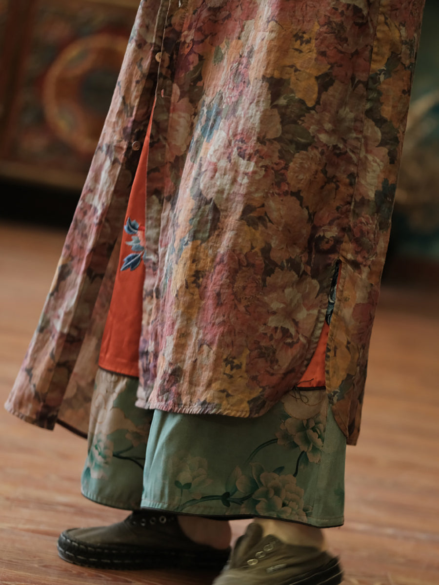 Floral Women Shirt Retro Long Vintage Ramie Button-up