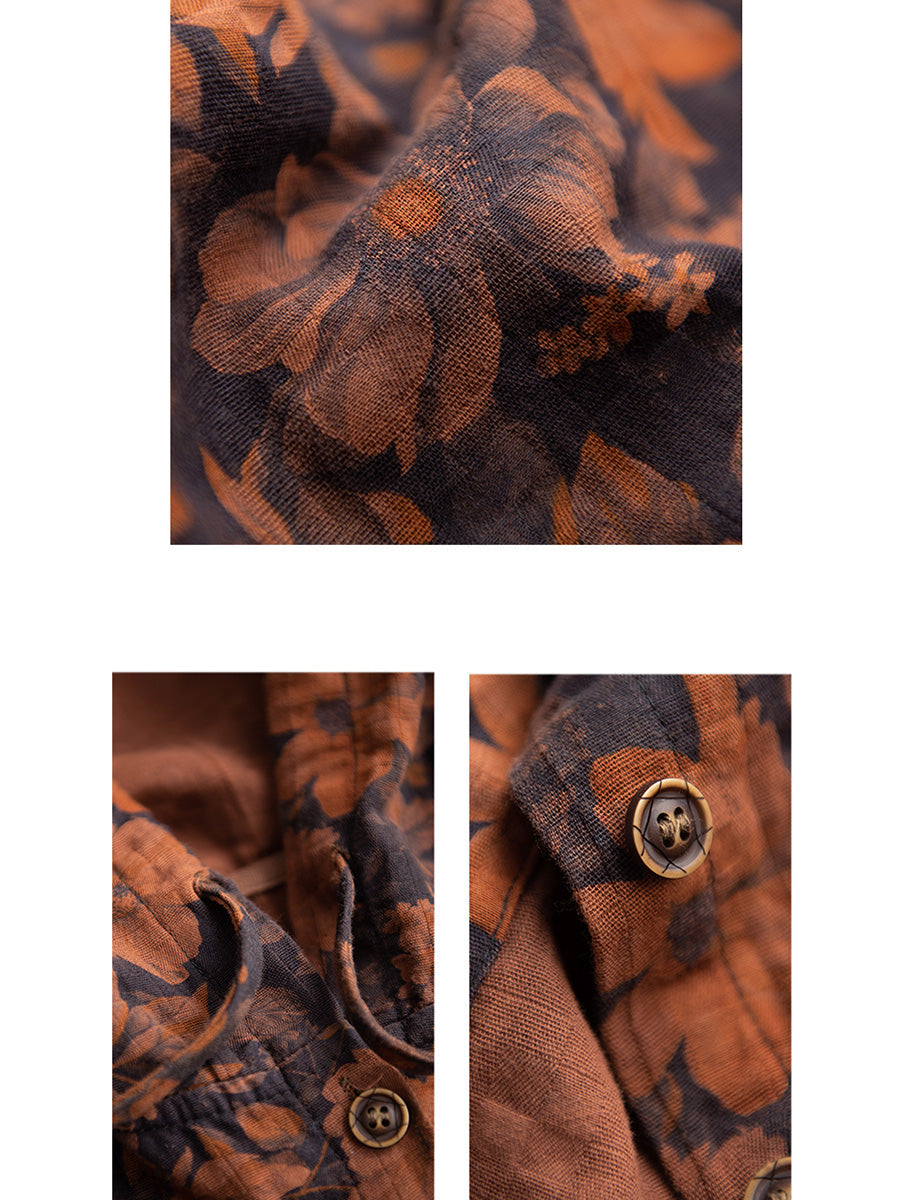 Damen Vintage Herbst Blumen Knopf Baumwolle Leinen Kapuzenmantel AH1013