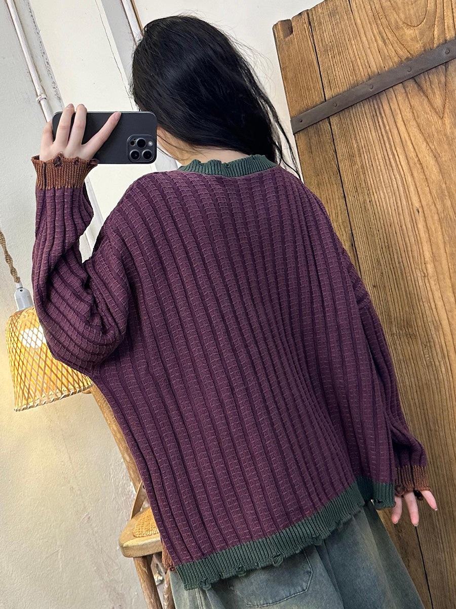 Damen Artsy Herbst Colorblock Strick Cardigan Pullover Mantel AH1026