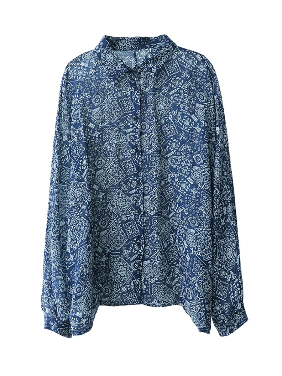 Shirt Print Women Collar Summer Turn-down Artsy 100%Ramie