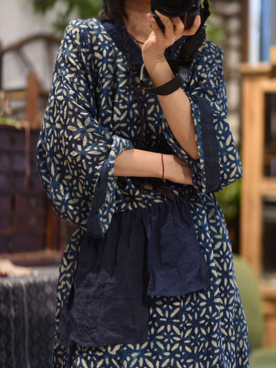 Ramie Spliced Women Flower Dress V-Neck Autumn Retro