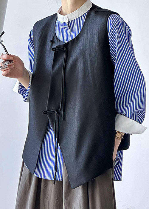 Französische Weste aus massiver Baumwolle mit Knöpfen, ärmellos, schwarz, AF1088