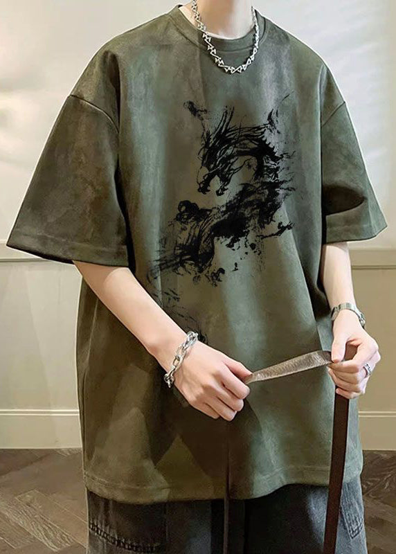 Shirts Faux Oversized Suede Neck T Print O Summer Green Army
