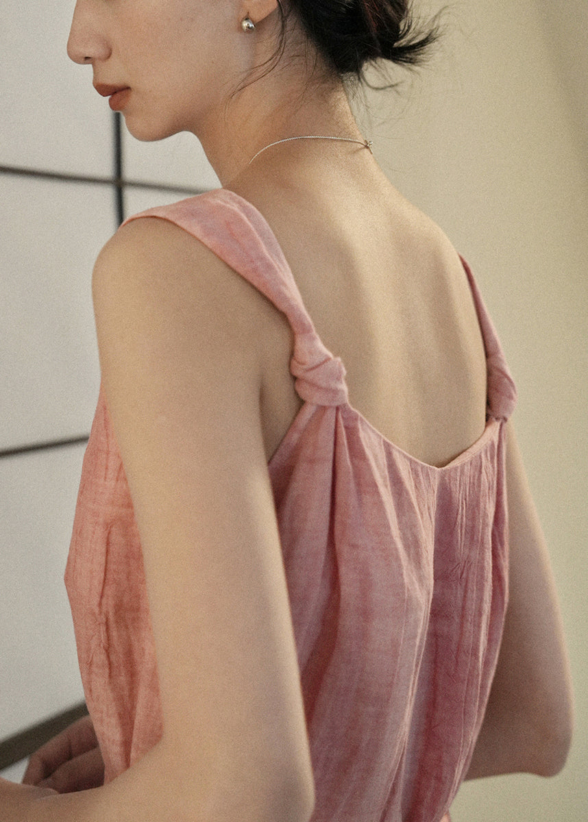 Tie Both Pink Spaghetti Art Dress Strap On Wear Sides Waist Linen