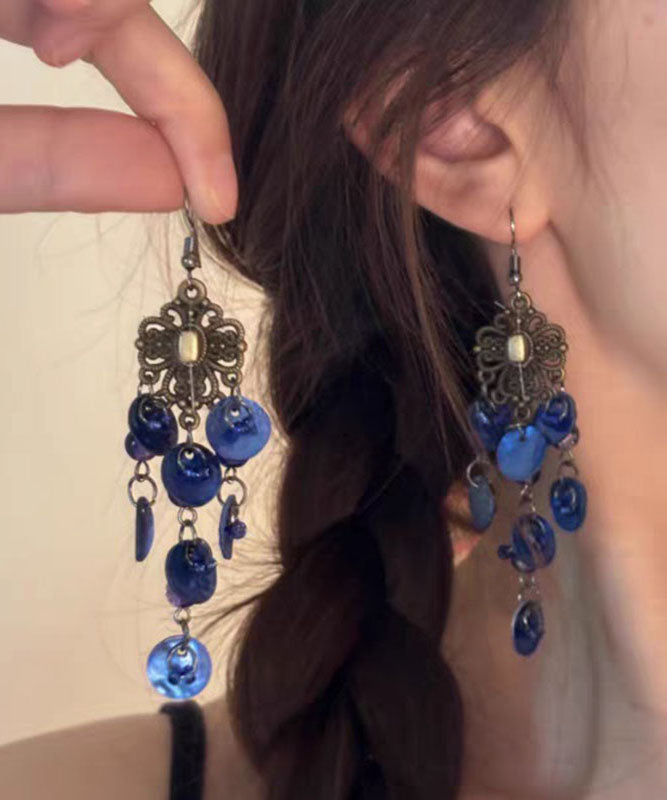 Silver Drop Shell Hollow Tassel Earrings Out Blue Sterling Beach