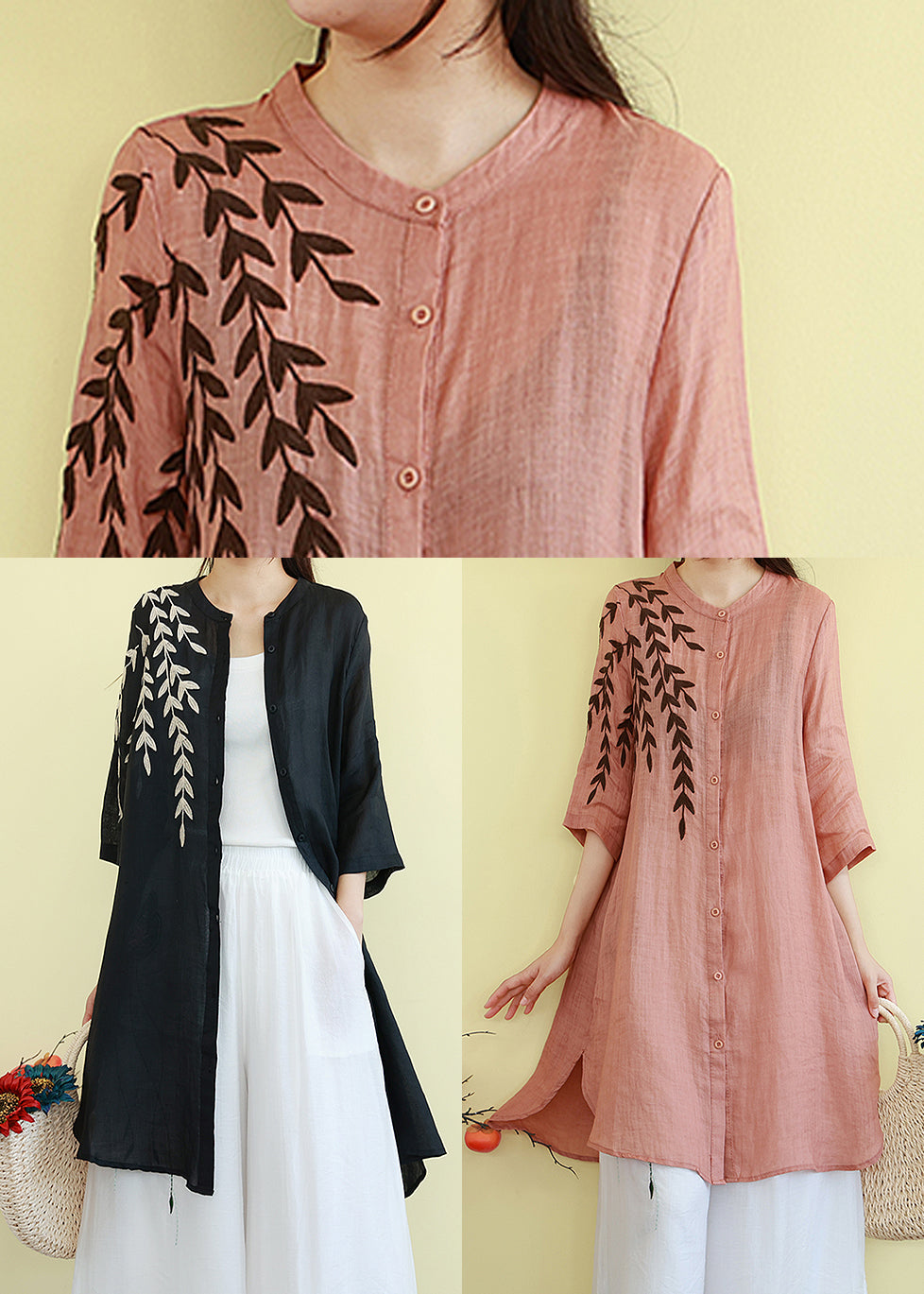 Beautiful Black Embroidered Linen Shirt Dresses Summer TM003