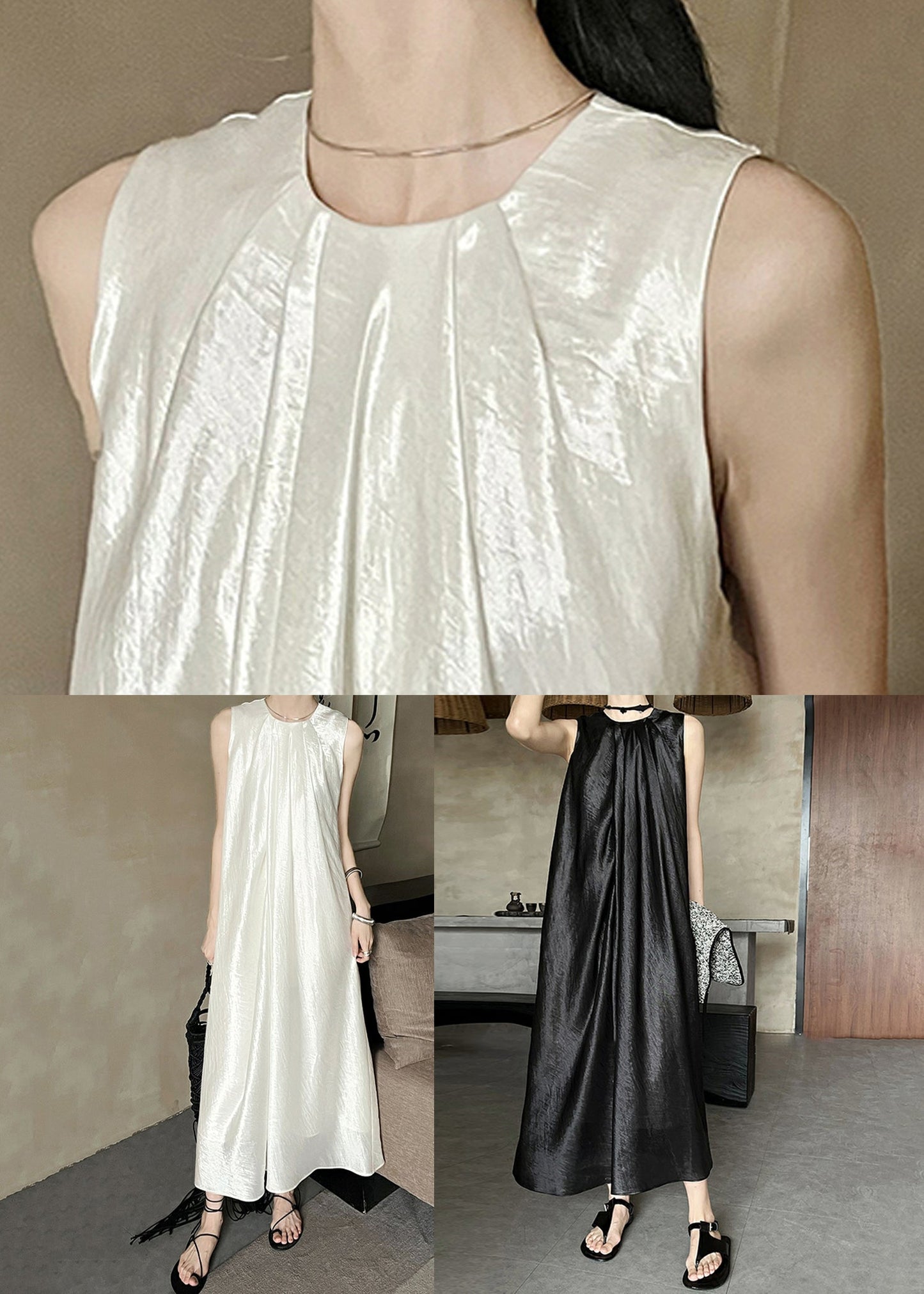 O Wrinkled Silk Long Black Dress Neck Summer