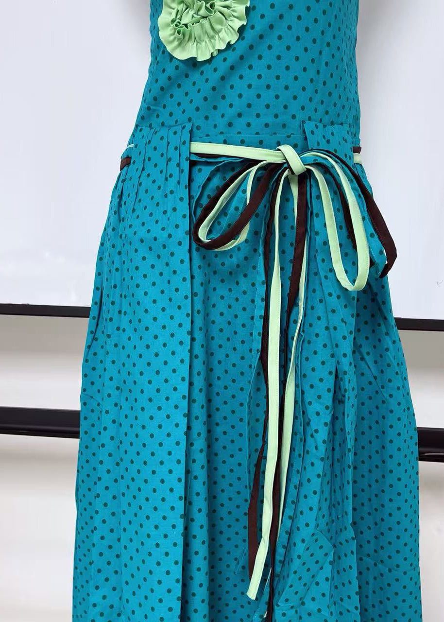 Tie Bohemian Flower Dress Blue Waist Cotton Decorated Sleeveless