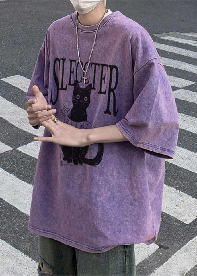 Oversized Bohemian Rose Cotton Cats T Shirt Mens Letter Half