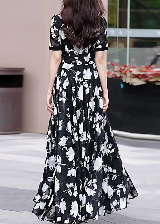 Neck Chiffon Black Boho Long Dress Summer V Print