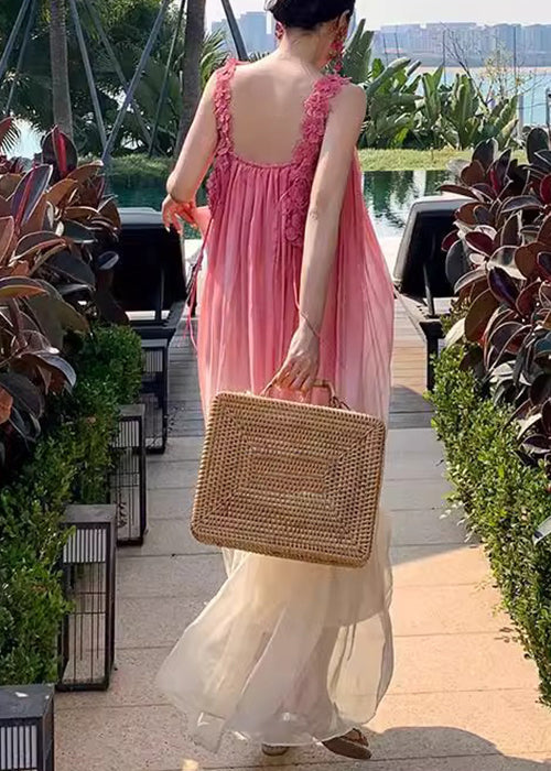 Color Backless Gradient Strap Dress Wrinkled Spaghetti Boho