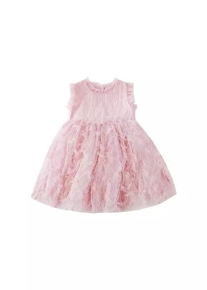 Boutique Robe mi-longue en tulle à volants rose pour enfants, patchwork, plumes, sans manches, XZ046