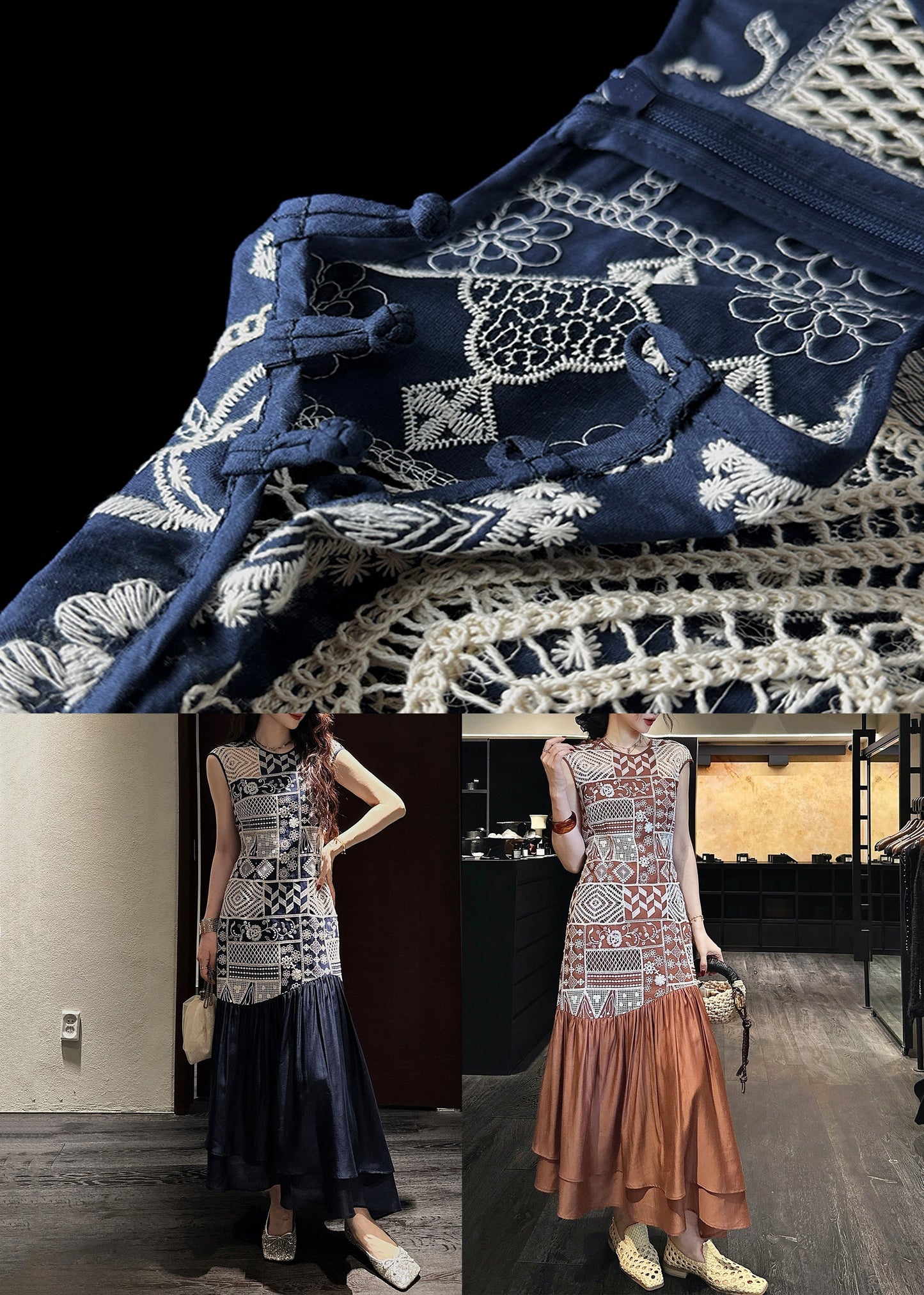 Brown Long Zippered Out Hollow Patchwork Dresses Cotton