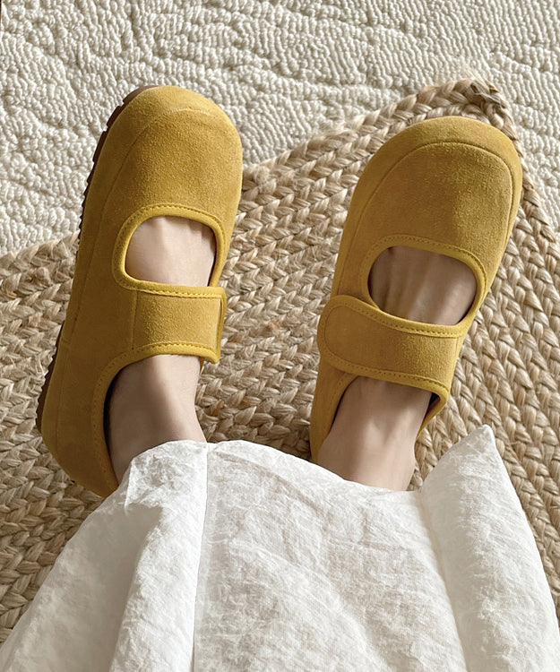 Yellow Casual Buckle Strap Flats Shoes Suede Platform Splicing