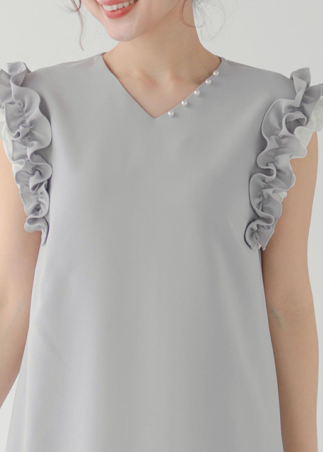 Chic Ruffled Pearl Decorated Dress Straight Grey Patchwork