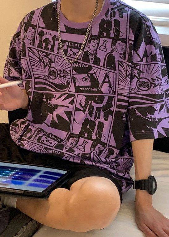 Print Chic Men Shirts Cotton Neck T Purple Summer O