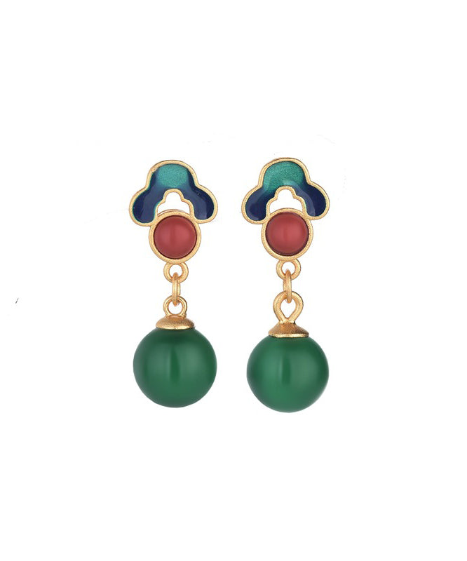 Ancient Chalcedony Green Earrings Chinese Drop Style Gold
