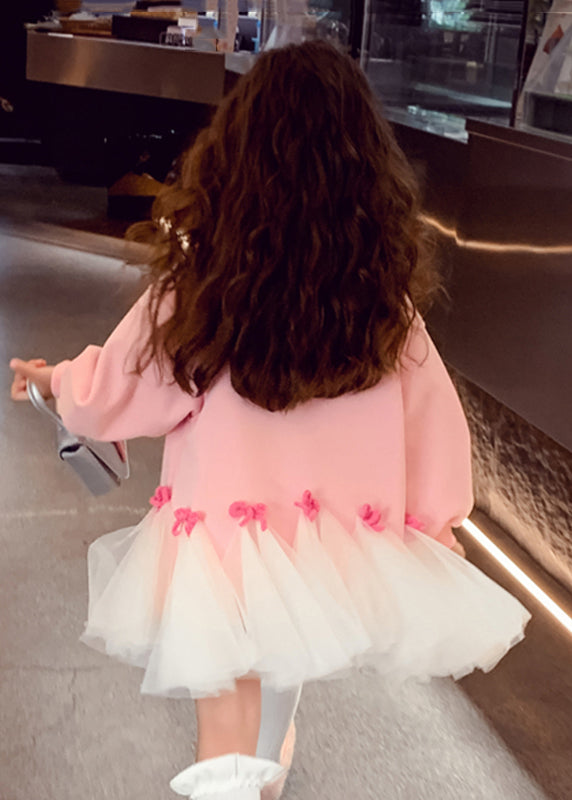 Cute Pink O-Neck Bow Tulle Patchwork Girls Maxi Dresses Spring TV030