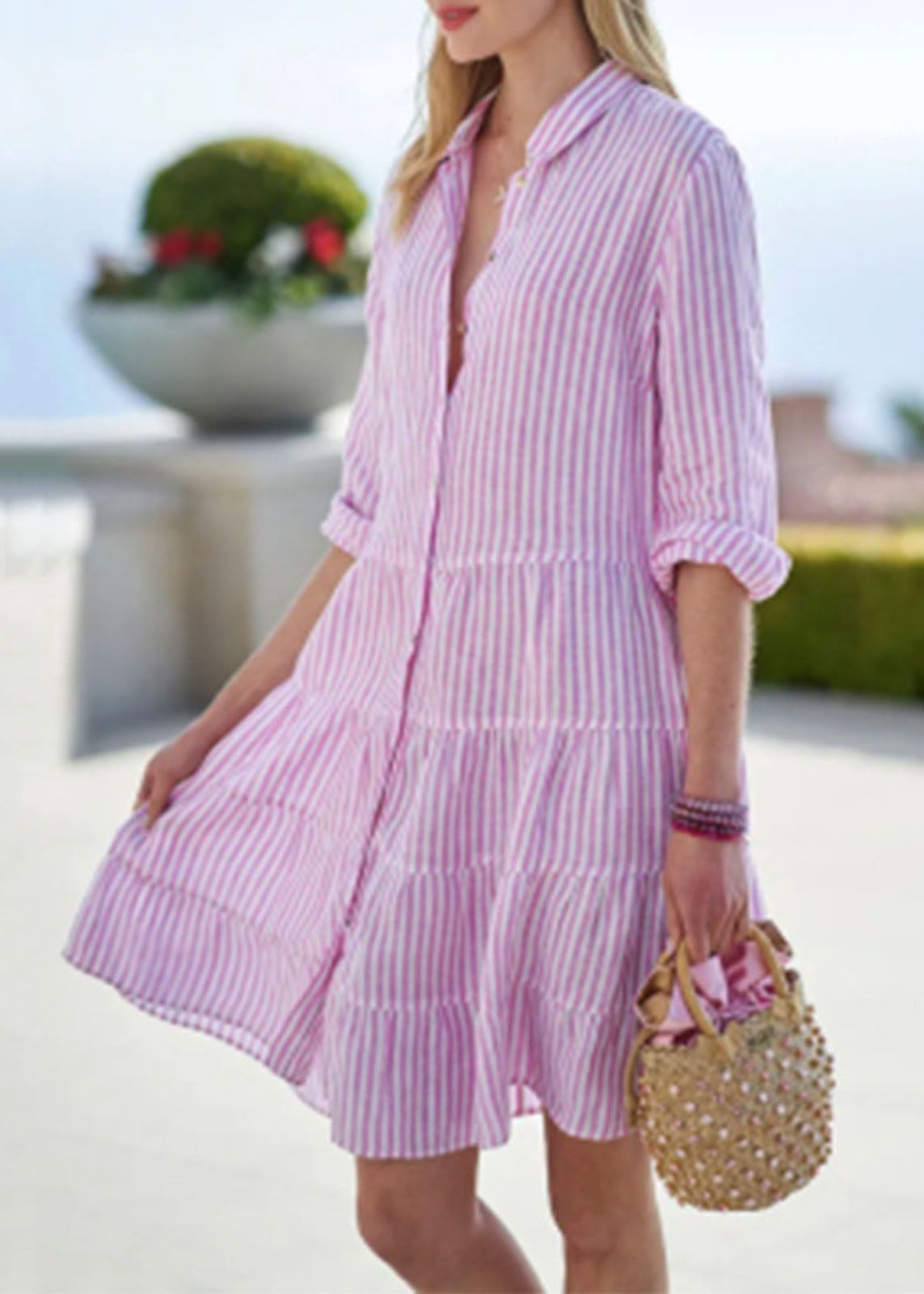 Sleeve Dress Mid Collar Half Cute Button Pink Peter Pan