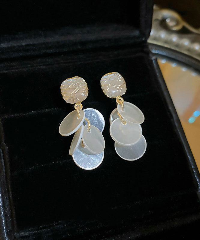 Earrings Copper Stone Eye Shell White Tassel Cat's Drop Elegant