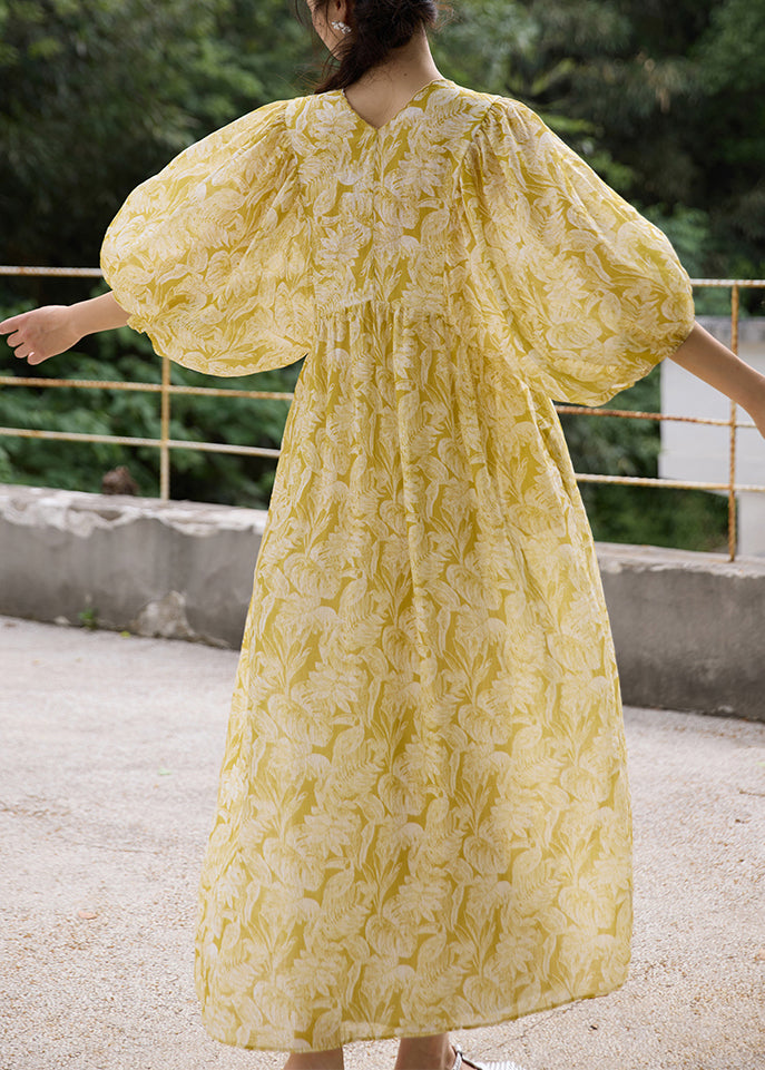 Sleeve V Embroidered Neck Yellow Elegant Dresses Batwing Linen