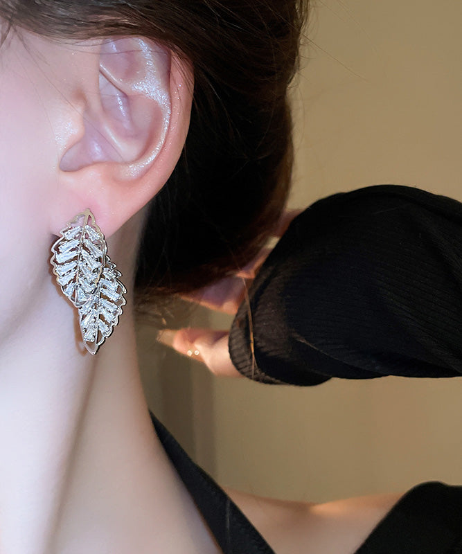 Hollow Leaf Copper Zircon Out Gold Stud Earrings Fine