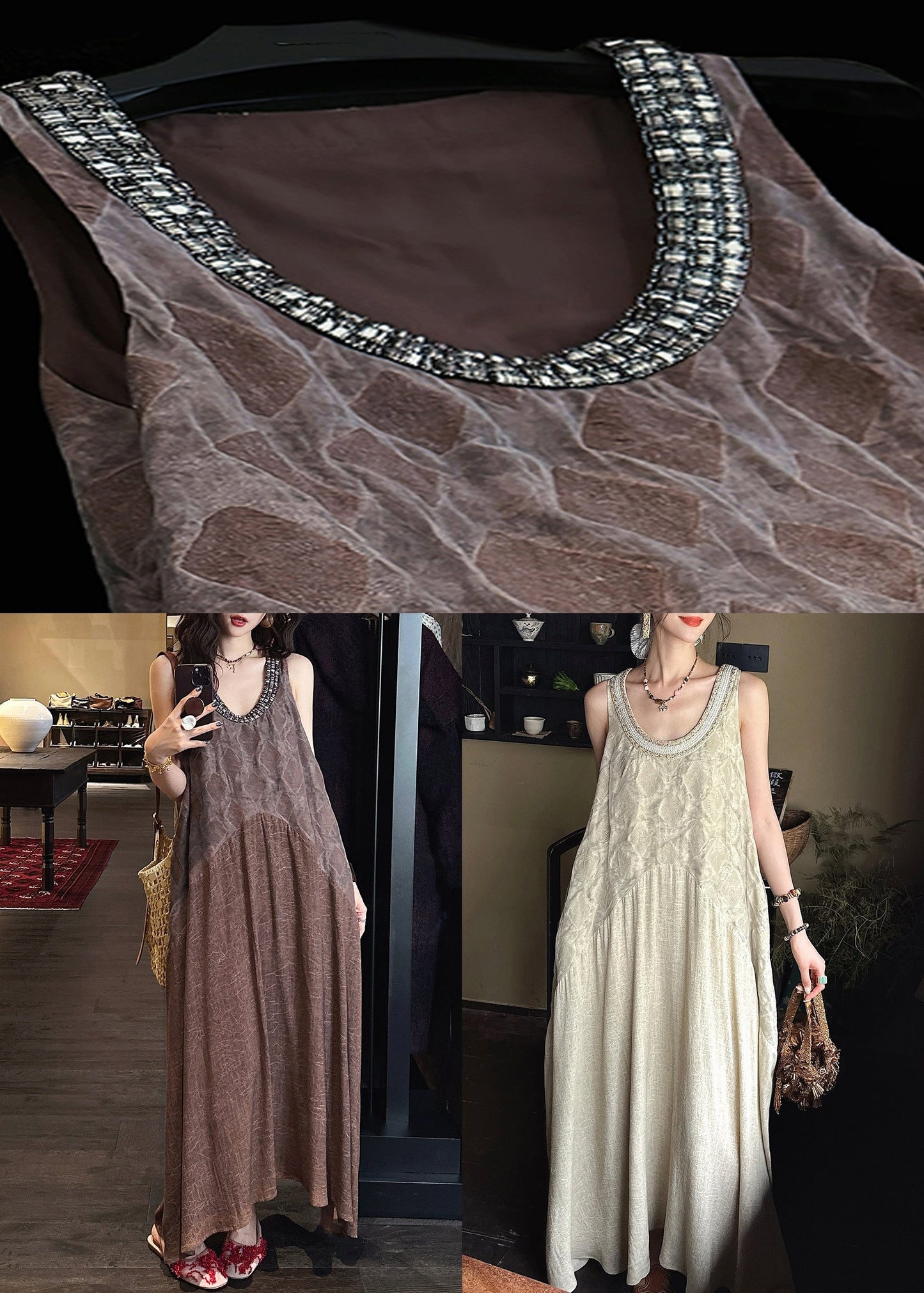 Pockets O French Patchwork Long Dress Apricot Neck Cotton