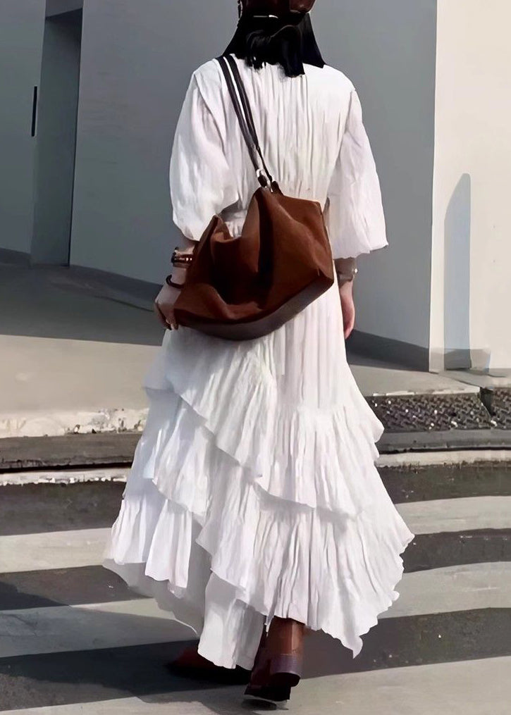 V Wrinkled Fall French Long Black Neck Solid Dress Cotton