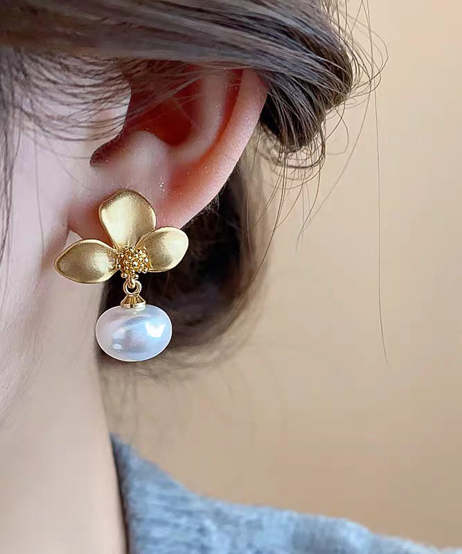 Overgild Pearl Floral Gold Earrings Drop French Copper