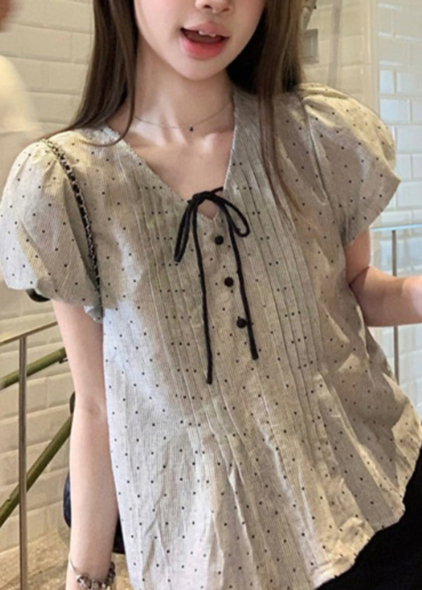 Wrinkled V Sleeve Top Puff Neck Lace Cotton French Up