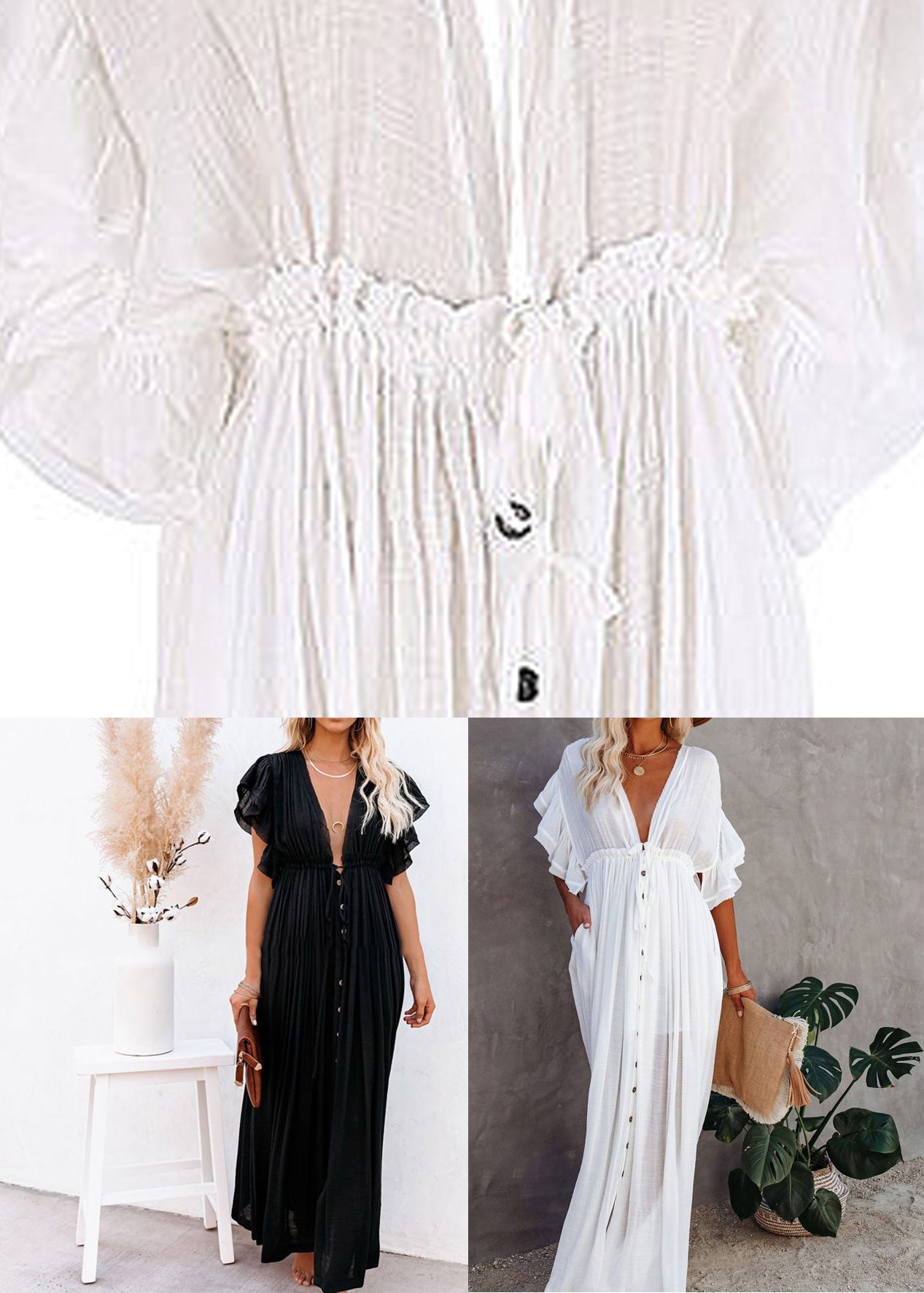 Dress Neck White Button V French Maxi Short Sleeve