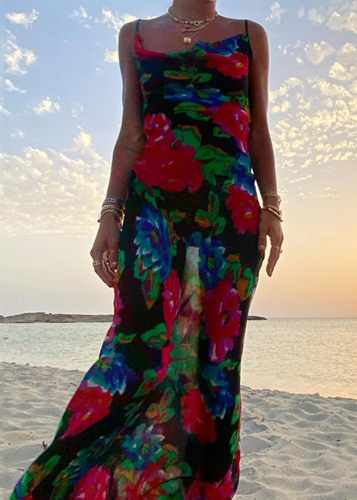 Chiffon Black Italian Print Spaghetti Strap Summer Dress