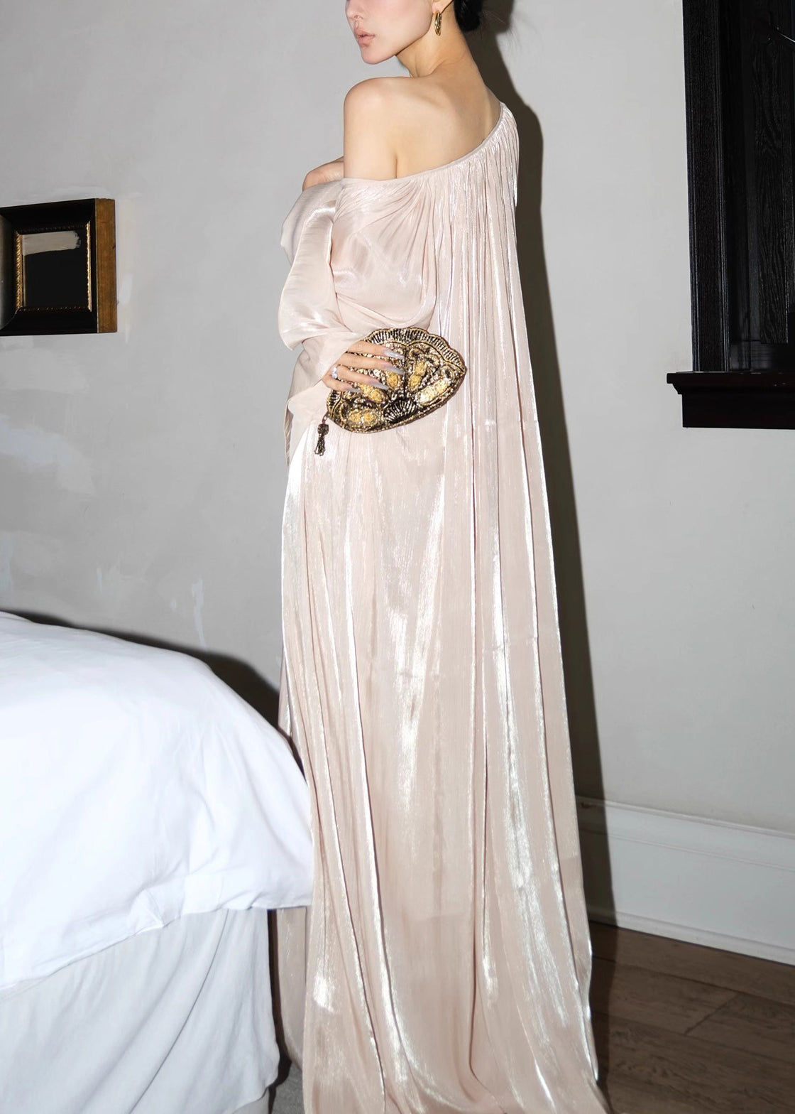 Flour Dresses Rice Glutinous Maxi Wrinkled Italian Silk Neck V