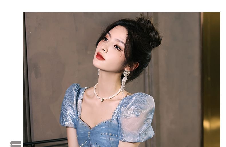 Short-Sleeve Patterned Beaded A-Line Evening Gown