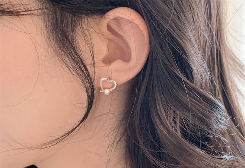 Silver Faux Stud 925 Pearl Heart Earring Sterling