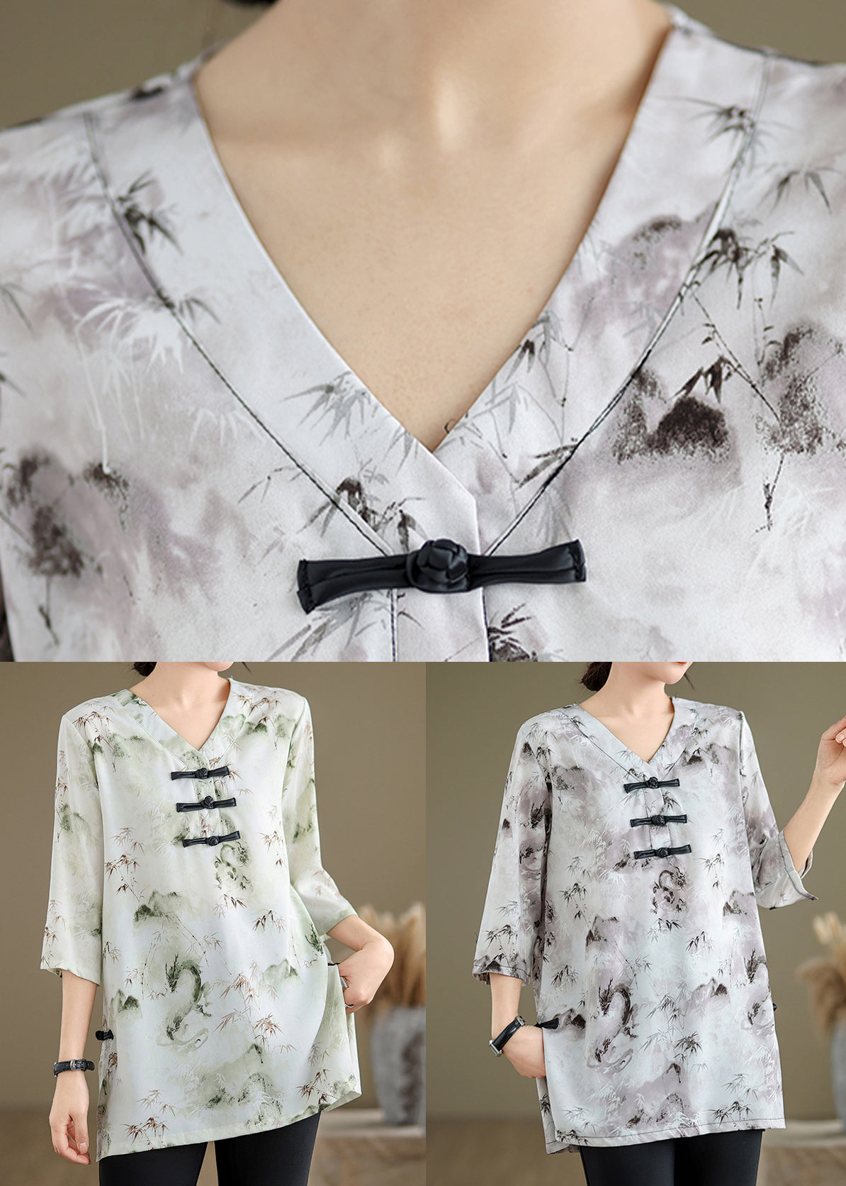 Hellgrüne seitlich offene Baumwollshirts mit V-Ausschnitt, Sommer JH070