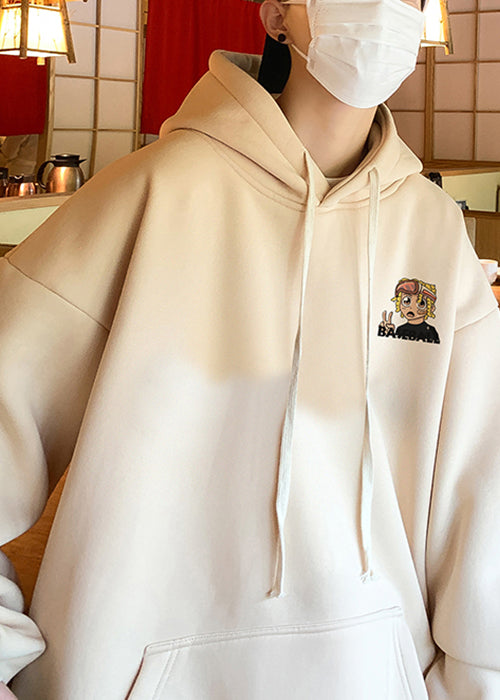 Loose Apricot Hooded Print Pockets Warm Fleece Mens Sweatshirts Winter RP051