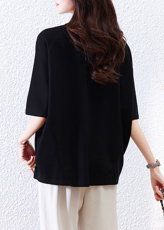 T Black Sleeve Half Shirt Cotton O-Neck Loose Print