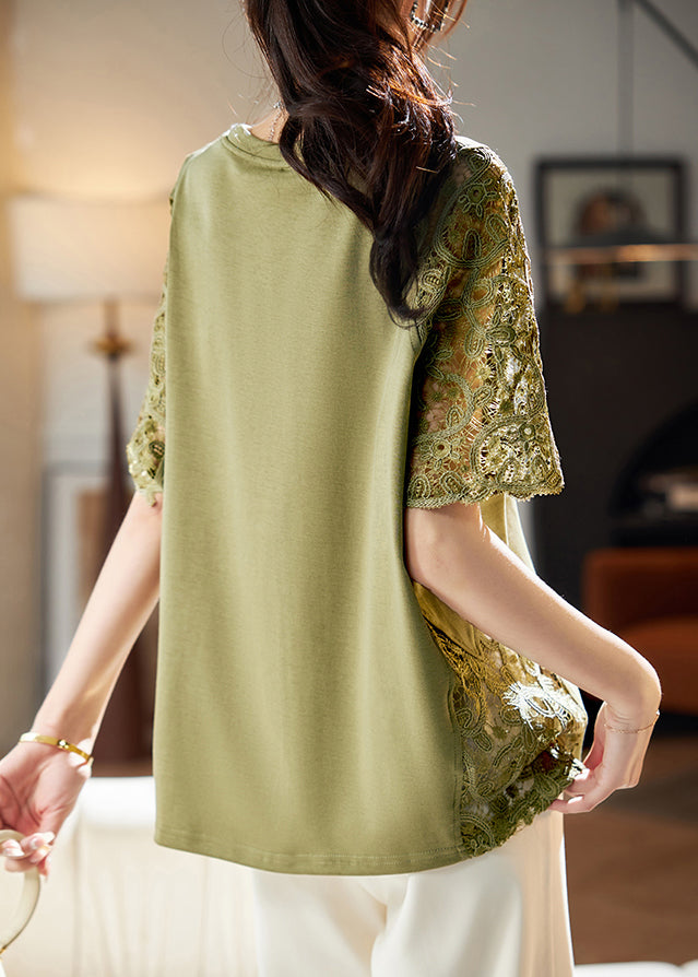 Out Loose Lace Patchwork Hollow T Summer Shirts Green