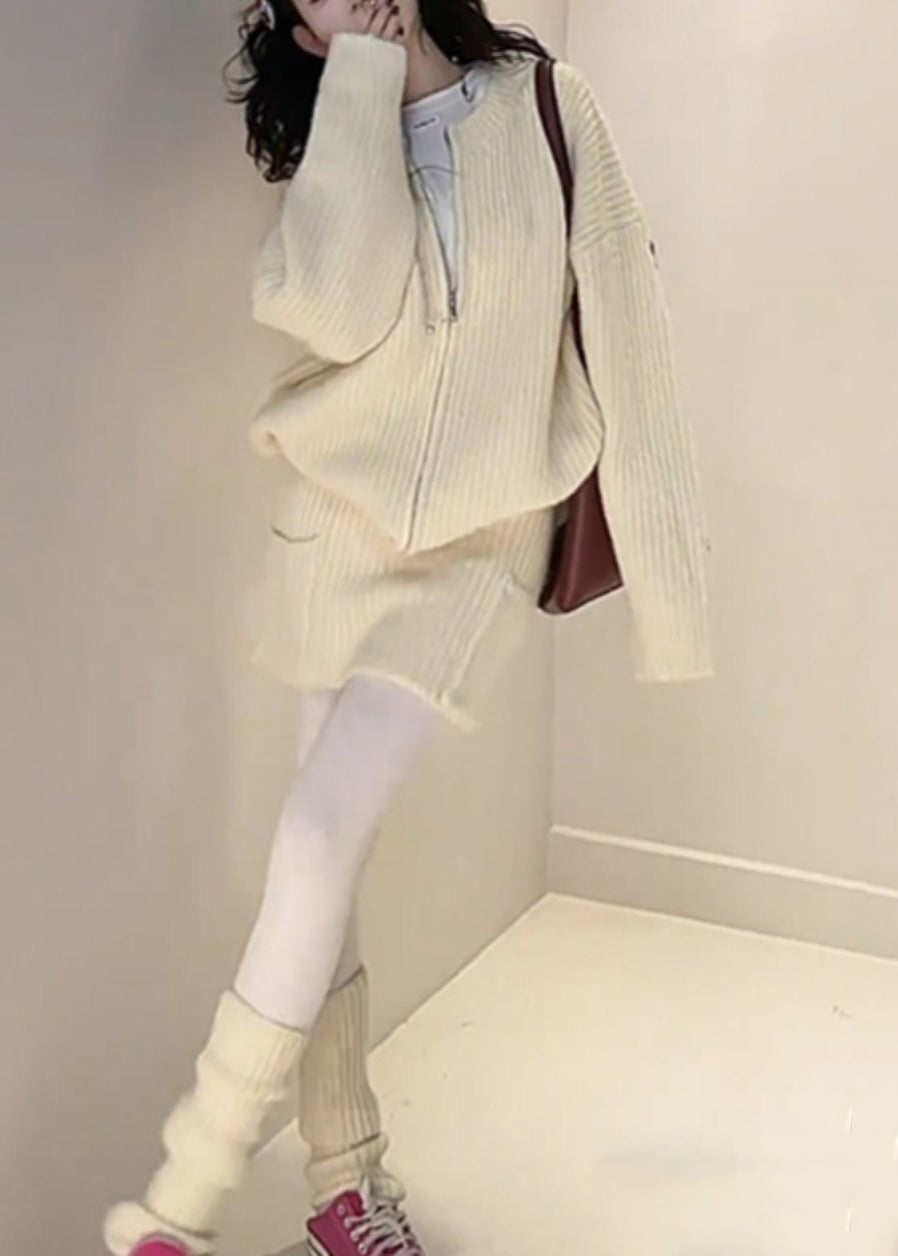 Cardigan Fall Set And Yellow Zippered Loose Knit Skirts Two Piece