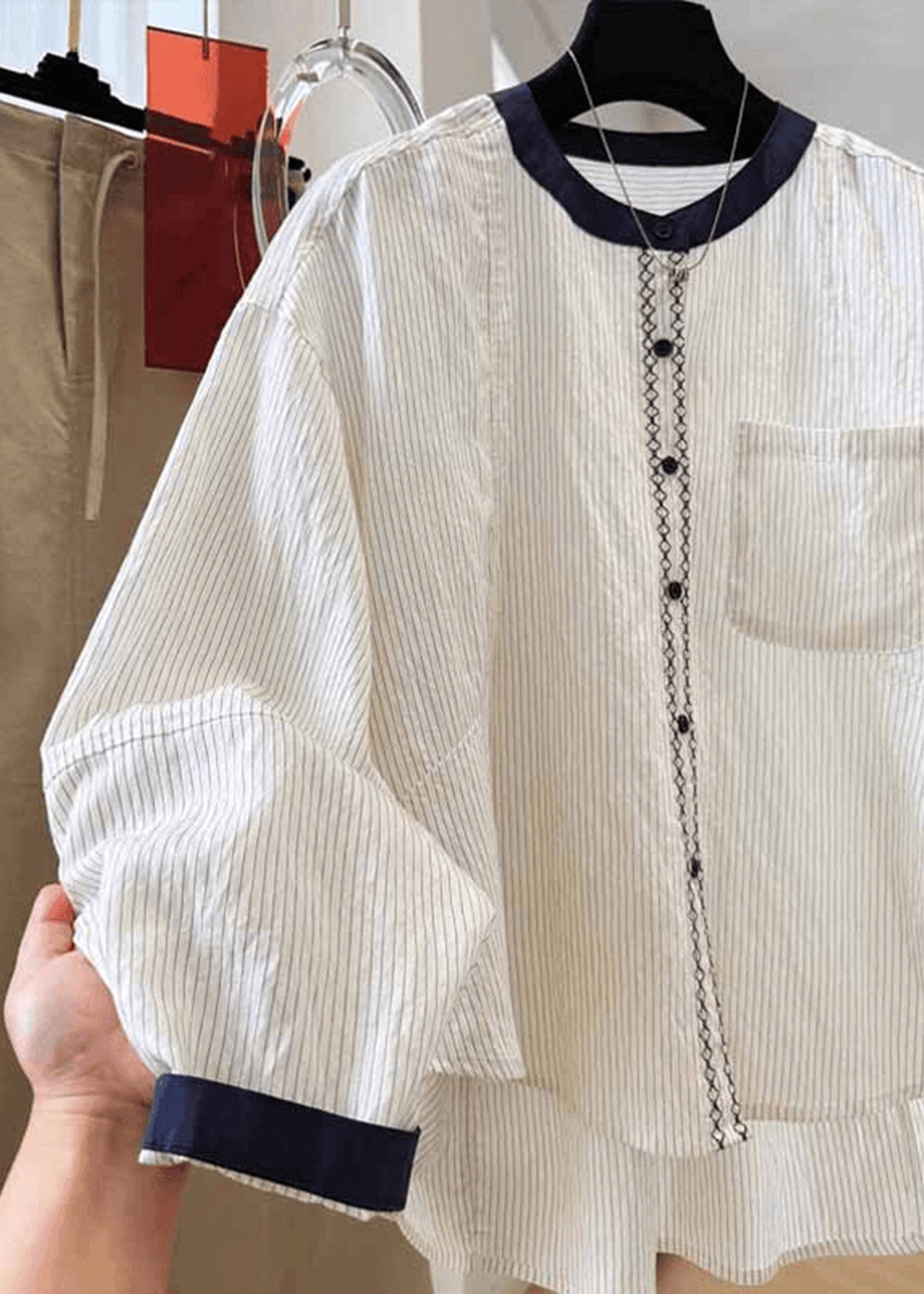 Striped Pockets Apricot Tops New Blouse Fall Cotton O Neck