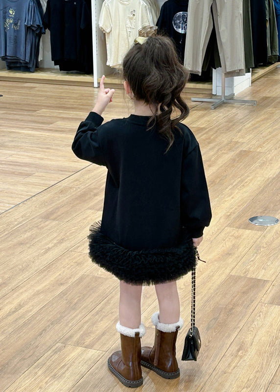 New Black O-Neck Tulle Patchwork Tulle Girls Mid Dress Spring TG005