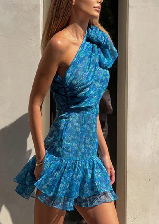 Print Chiffon Shoulder Blue Dress One New Summer Ruffled