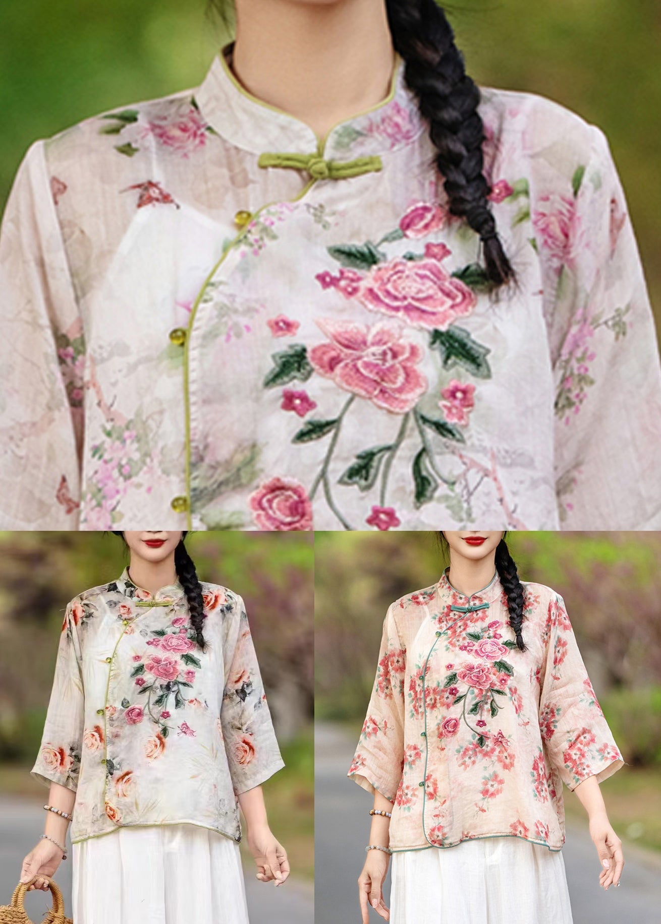 Orange Print Collar Stand Shirts New Fall Linen