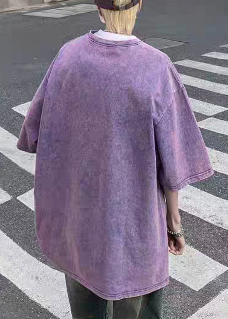 Purple Half Men Shirts New Sleeve Cotton Print T Oversized