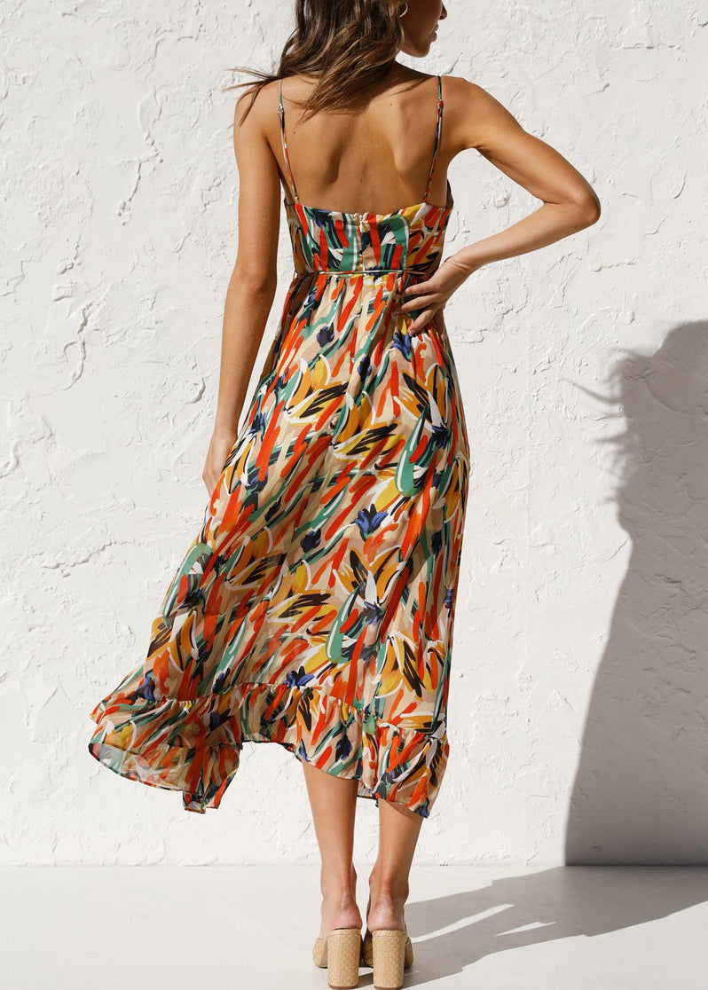 Novelty Orange Ruffled Print Cotton Spaghetti Strap Dress Sleeveless TL016