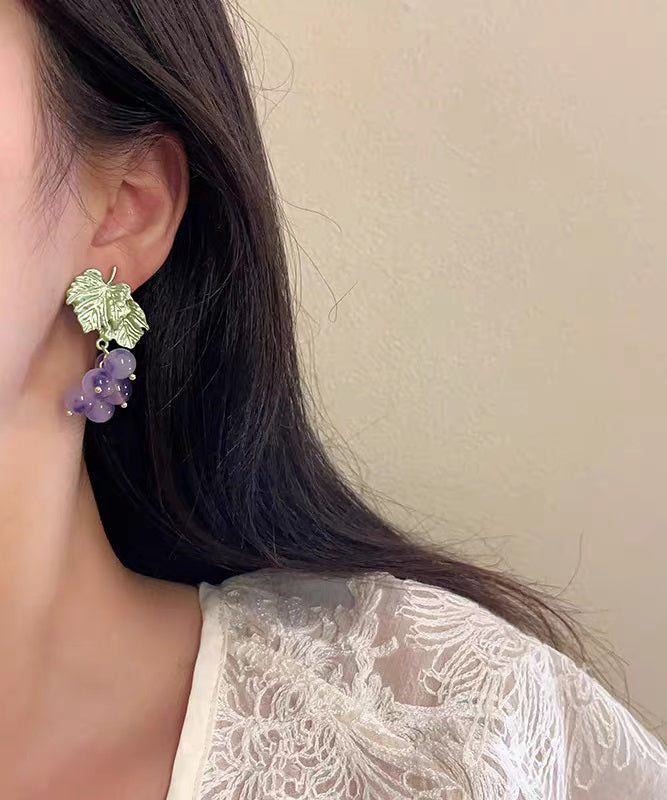 Design Earrings Purple Alloy Grape Stud Glass Original