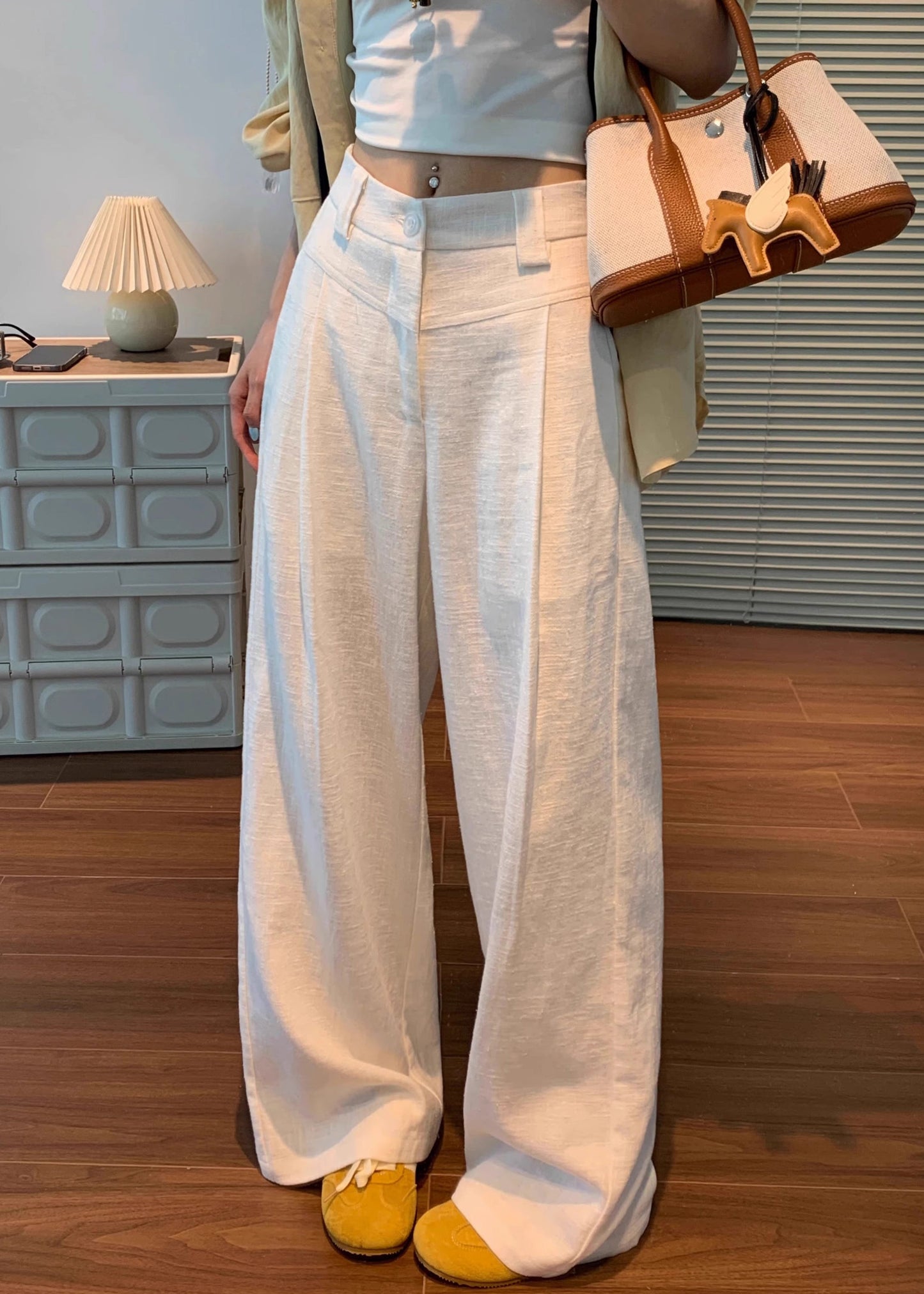 Fall Original Linen White Button High Waist Pants