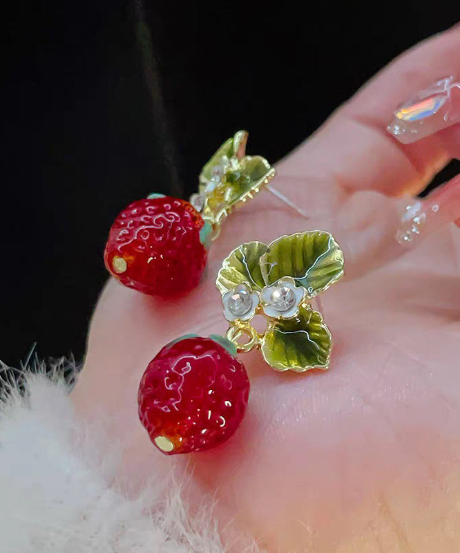 Resin Strawberry Sweet Fashionable Zircon Earrings Red