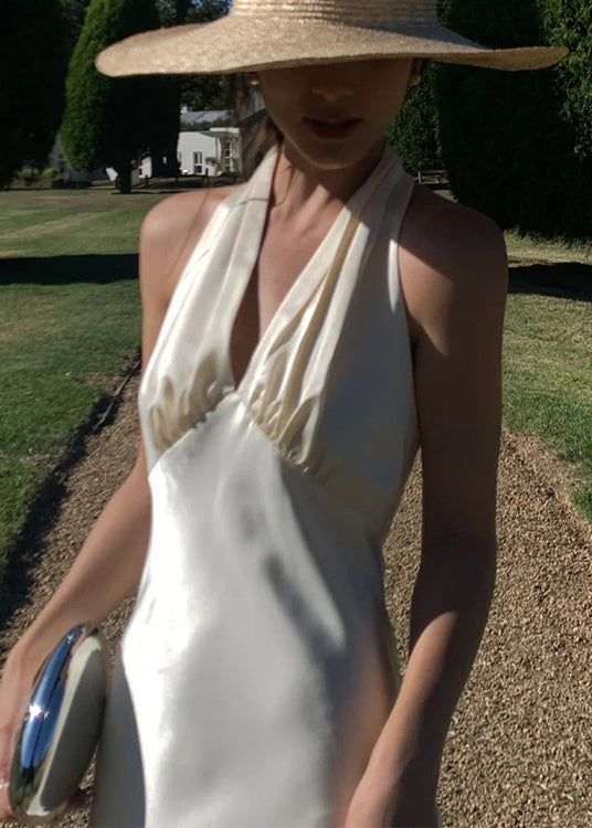 Long Sleeveless Neck Silk Sexy Halter V Dresses Backless